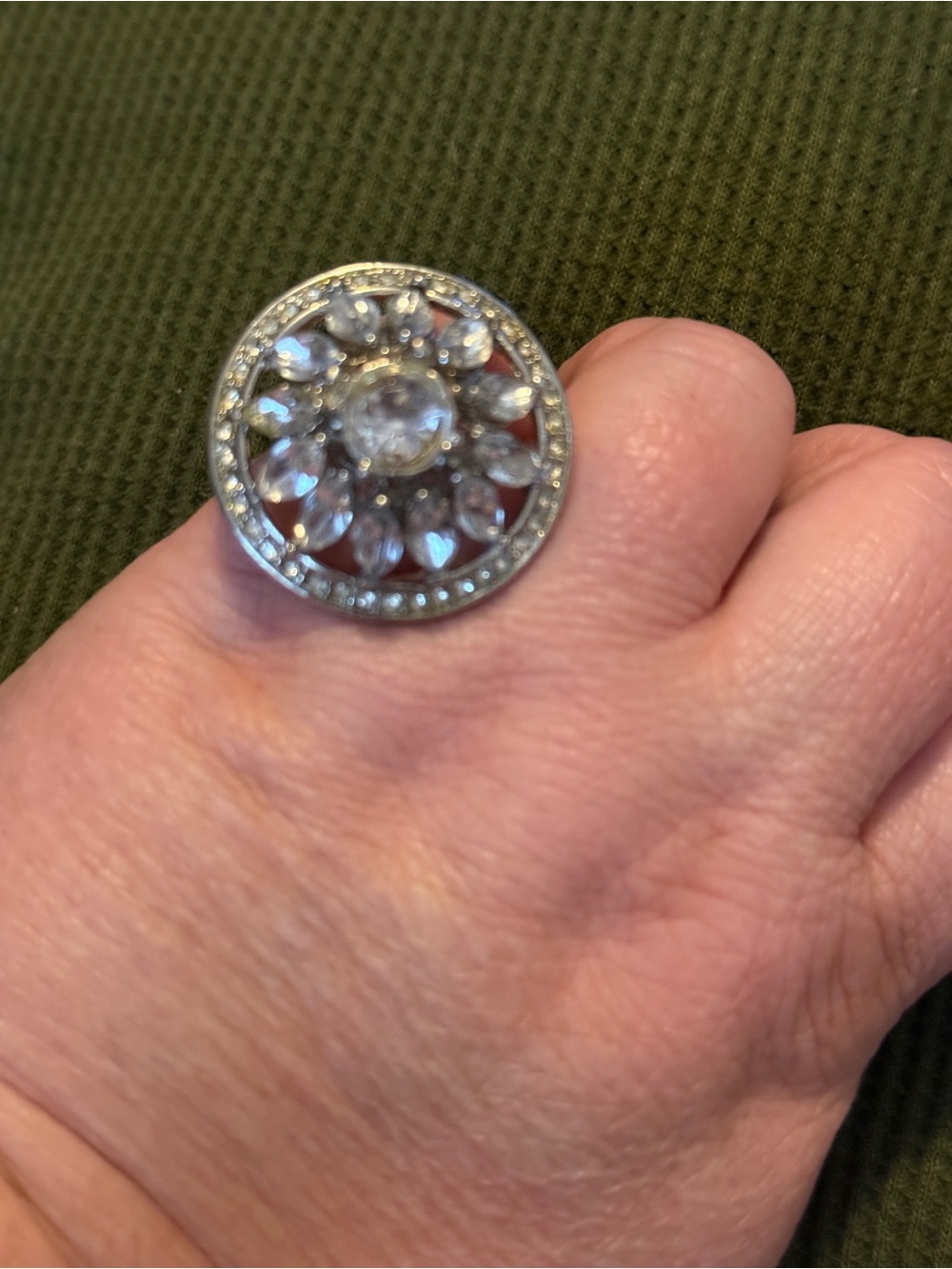 Round Silver-Tone Floral Crystal Cocktail Ring - Women's Jewelry